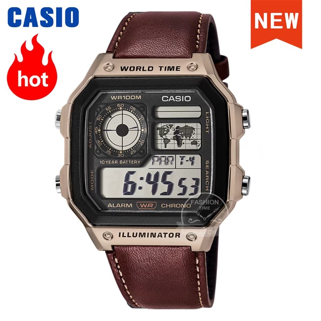 Casio World Time — чоловічий цифровий годинник зі шкіряним ремінцем